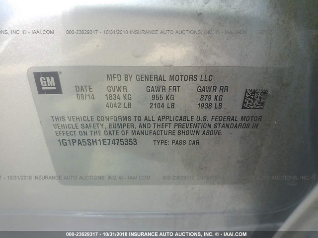 1G1PA5SH1E7475353 - 2014 CHEVROLET CRUZE LS SILVER photo 9