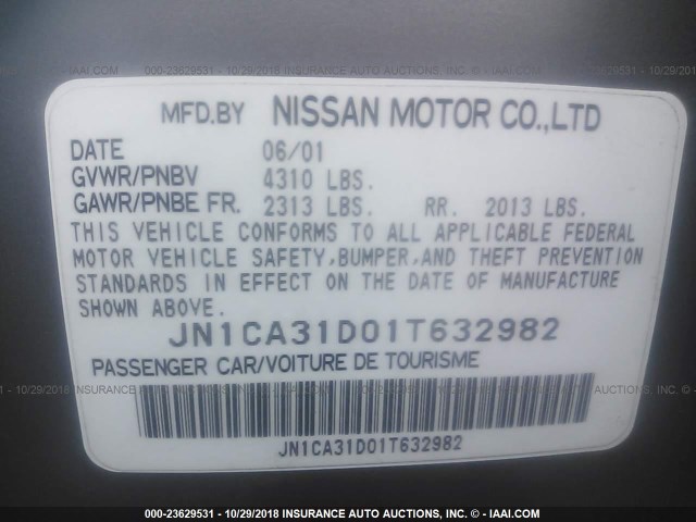 JN1CA31D01T632982 - 2001 NISSAN MAXIMA GXE/SE/GLE/20TH ANNIV SILVER photo 9