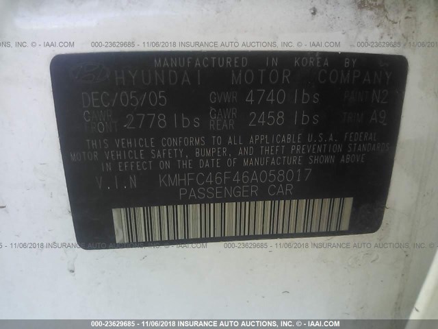 KMHFC46F46A058017 - 2006 HYUNDAI AZERA SE/LIMITED WHITE photo 9