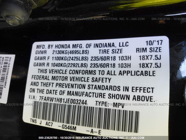 7FARW1H81JE003244 - 2018 HONDA CR-V EXL BLACK photo 9