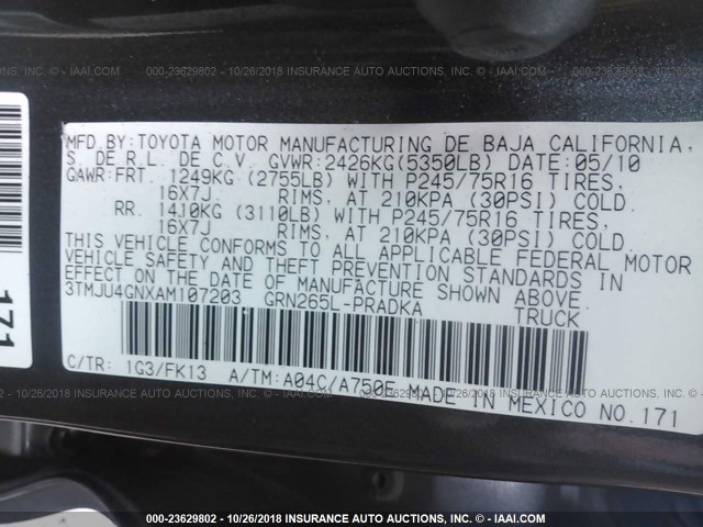 3TMJU4GNXAM107203 - 2010 TOYOTA TACOMA DOUBLE CAB PRERUNNER GRAY photo 9