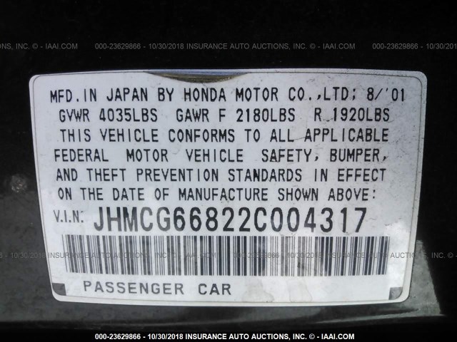 JHMCG66822C004317 - 2002 HONDA ACCORD EX/SE BLACK photo 9