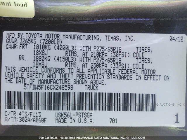 5TFDW5F16CX248598 - 2012 TOYOTA TUNDRA CREWMAX SR5 GRAY photo 9