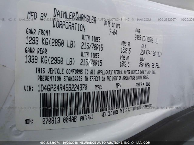 1D4GP24R45B224370 - 2005 DODGE GRAND CARAVAN SE WHITE photo 9