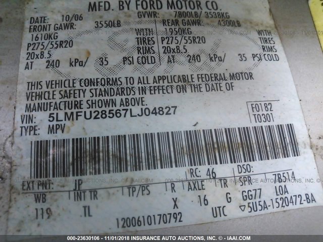 5LMFU28567LJ04827 - 2007 LINCOLN NAVIGATOR Srebrny zdjęcie 9