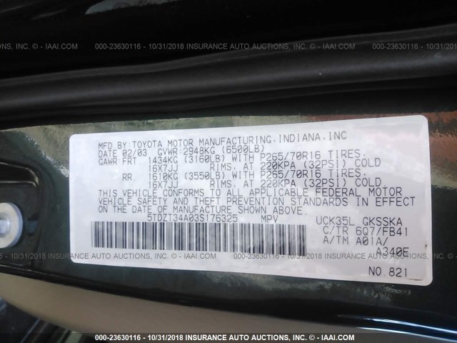 5TDZT34A03S176325 - 2003 TOYOTA SEQUOIA SR5 GREEN photo 9