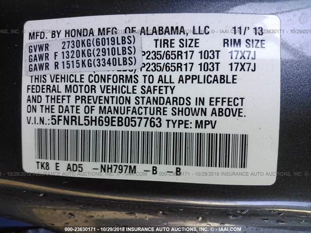 5FNRL5H69EB057763 - 2014 HONDA ODYSSEY EXL GRAY photo 9