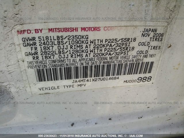 JA4MT41X27U014684 - 2007 MITSUBISHI OUTLANDER XLS WHITE photo 9