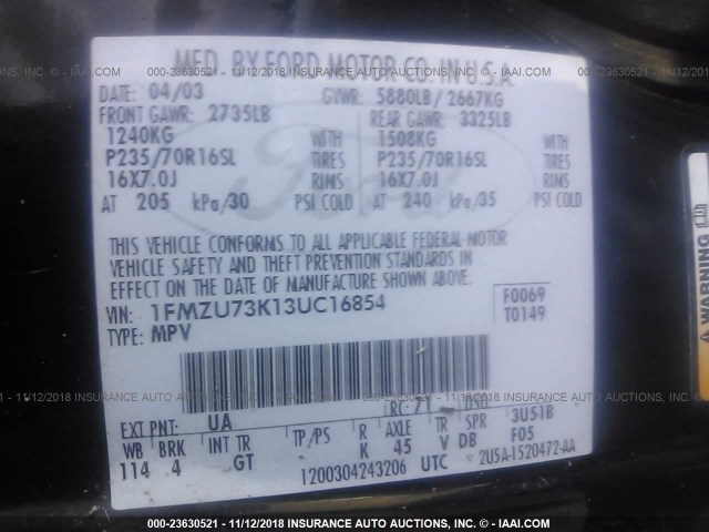 1FMZU73K13UC16854 - 2003 FORD EXPLORER XLT/XLT SPORT/NBX 黑色 照片 9