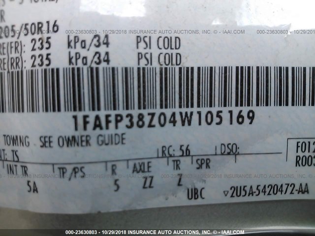 1FAFP38Z04W105169 - 2004 FORD FOCUS ZTS GRAY photo 9