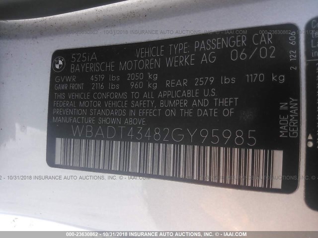 WBADT43482GY95985 - 2002 BMW 525 I AUTOMATIC SILVER photo 9