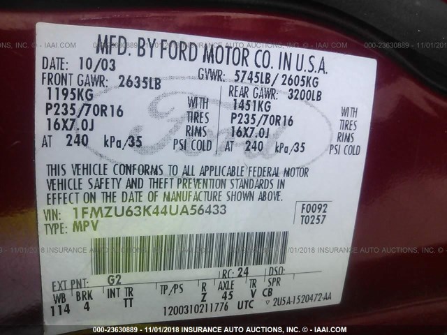 1FMZU63K44UA56433 - 2004 FORD EXPLORER XLT/XLT SPORT/NBX RED photo 9