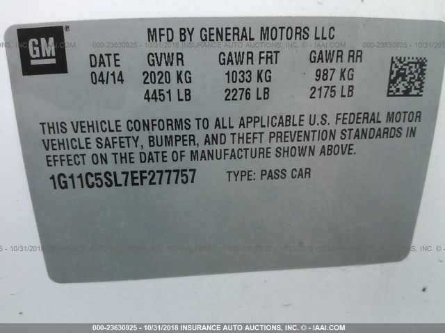 1G11C5SL7EF277757 - 2014 CHEVROLET MALIBU 1LT WHITE photo 9