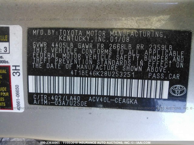 4T1BE46K28U253251 - 2008 TOYOTA CAMRY CE/LE/XLE/SE GOLD photo 9