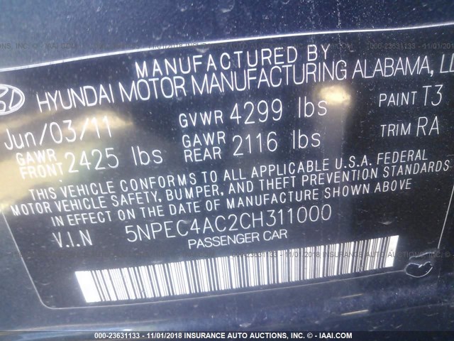 5NPEC4AC2CH311000 - 2012 HYUNDAI SONATA SE/LIMITED BLUE photo 9