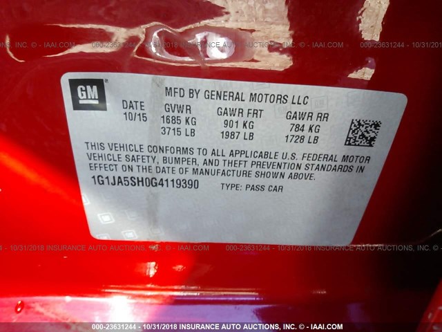 1G1JA5SH0G4119390 - 2016 CHEVROLET SONIC LS 红色 照片 9