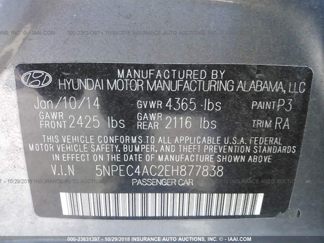 5NPEC4AC2EH877838 - 2014 HYUNDAI SONATA SE/LIMITED GRAY photo 9