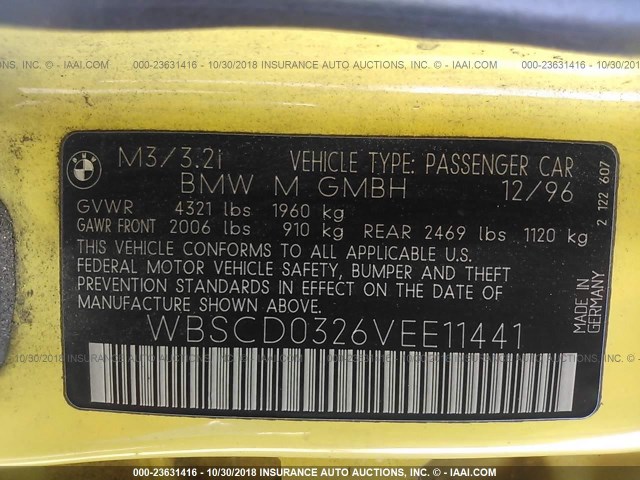 WBSCD0326VEE11441 - 1997 BMW M3 AUTOMATIC YELLOW photo 9