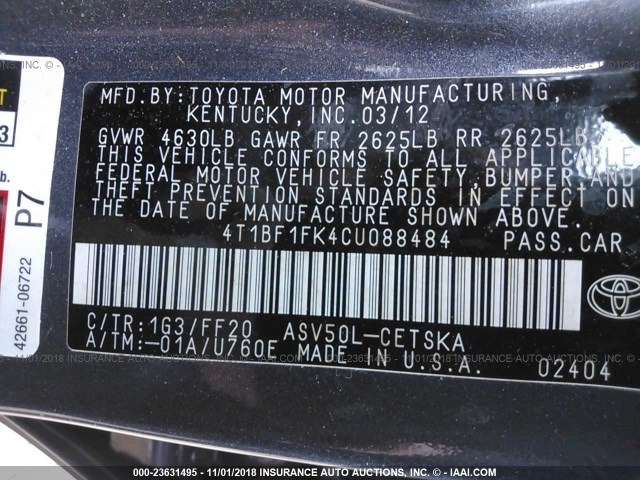 4T1BF1FK4CU088484 - 2012 TOYOTA CAMRY SE/LE/XLE GRAY photo 9