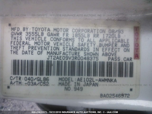 JT2AE09V3R0048375 - 1994 TOYOTA COROLLA DX WHITE photo 9