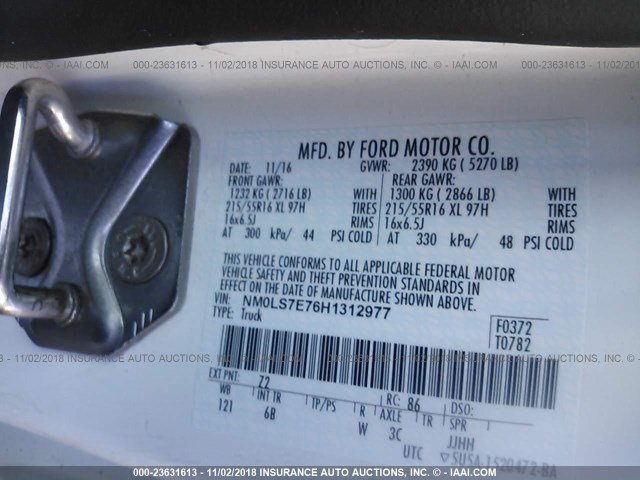 NM0LS7E76H1312977 - 2017 FORD TRANSIT CONNECT XL WHITE photo 9