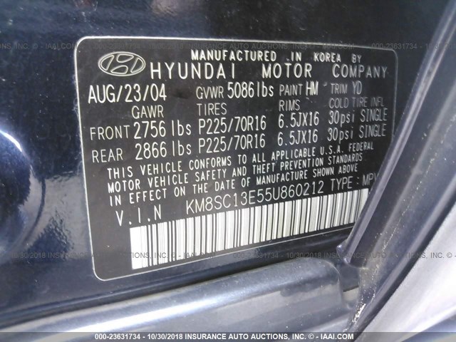 KM8SC13E55U860212 - 2005 HYUNDAI SANTA FE GLS/LX Navy photo 9