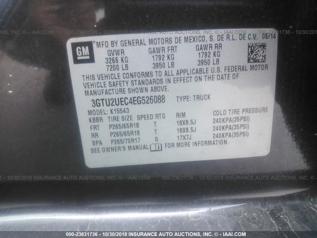 3GTU2UEC4EG526088 - 2014 GMC SIERRA K1500 SLE GRAY photo 9