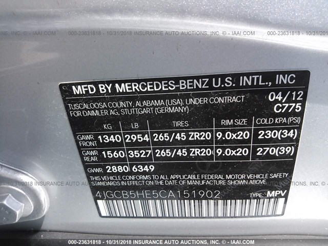 4JGCB5HE5CA151902 - 2012 MERCEDES-BENZ R 350 4MATIC SILVER photo 9