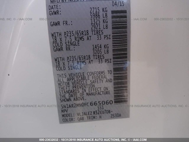 5N1AR2MN0FC665060 - 2015 NISSAN PATHFINDER S/SV/SL/PLATINUM WHITE photo 9