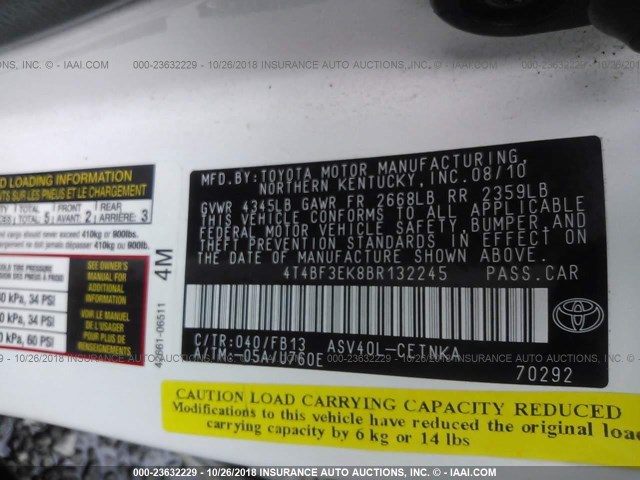 4T4BF3EK8BR132245 - 2011 TOYOTA CAMRY SE/LE/XLE 白色 照片 9