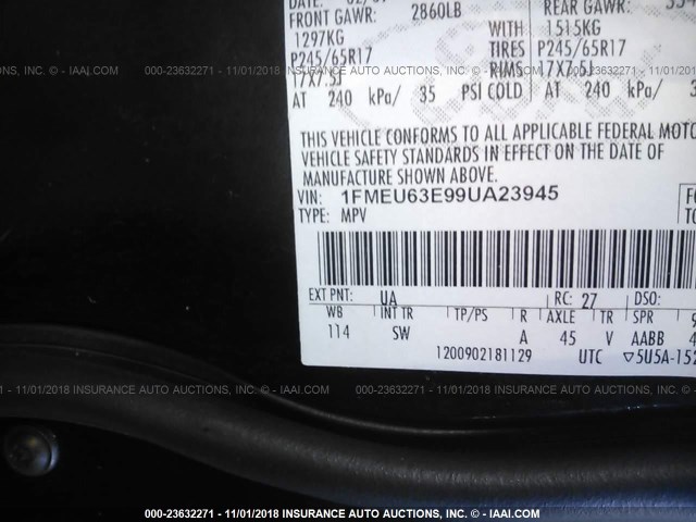 1FMEU63E99UA23945 - 2009 FORD EXPLORER XLT BLACK photo 9