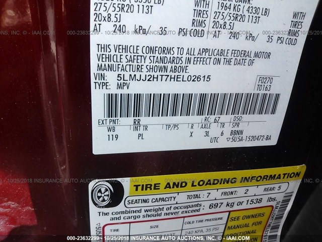 5LMJJ2HT7HEL02615 - 2017 LINCOLN NAVIGATOR SELECT Қызыл фото 9