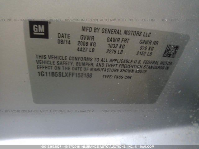 1G11B5SLXFF152188 - 2015 CHEVROLET MALIBU LS SILVER photo 9