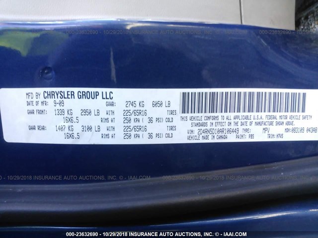 2D4RN5D10AR106449 - 2010 DODGE GRAND CARAVAN SXT BLUE photo 9