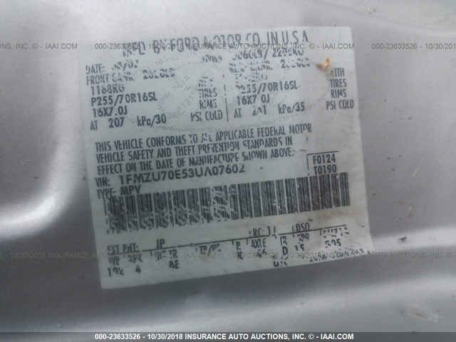 1FMZU70E53UA07602 - 2003 FORD EXPLORER SPORT SILVER photo 9