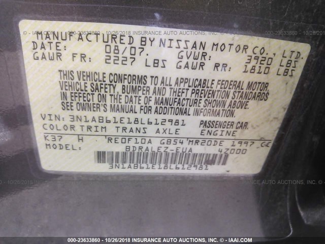 3N1AB61E18L612981 - 2008 NISSAN SENTRA 2.0/2.0S/2.0SL GRAY photo 9