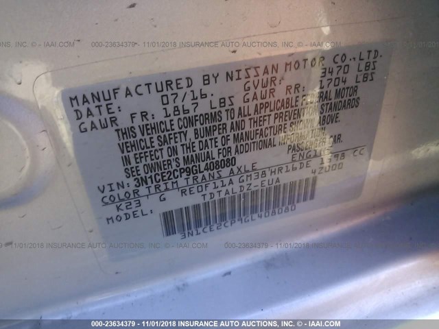 3N1CE2CP9GL408080 - 2016 NISSAN VERSA NOTE S/S PLUS/SV/SL/SR SILVER photo 9