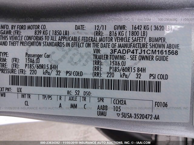 3FADP4TJ1CM161568 - 2012 FORD FIESTA S SILVER photo 9