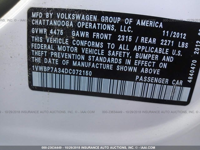 1VWBP7A34DC072150 - 2013 VOLKSWAGEN PASSAT SE WHITE photo 9