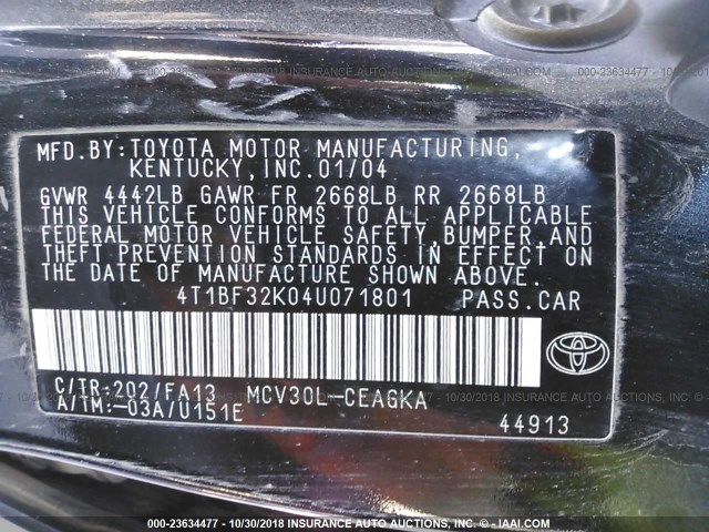 4T1BF32K04U071801 - 2004 TOYOTA CAMRY LE/XLE/SE BLACK photo 9