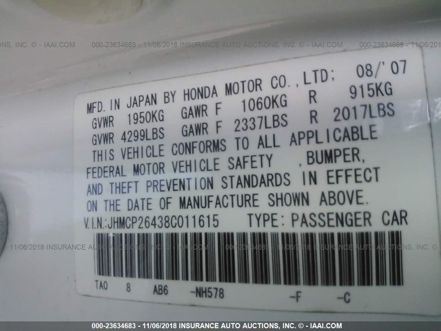 JHMCP26438C011615 - 2008 HONDA ACCORD LXP WHITE photo 9