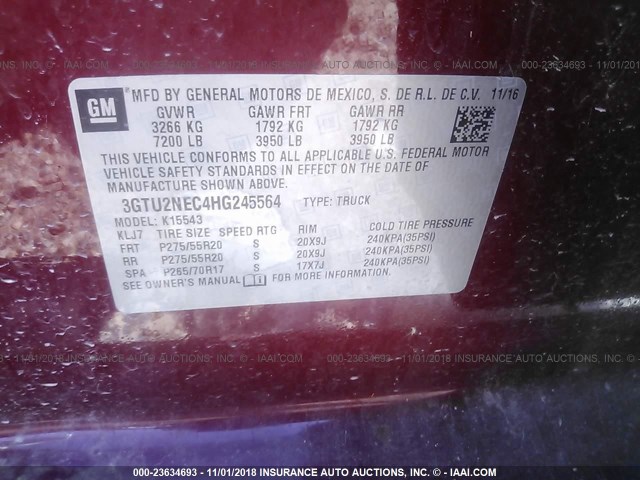 3GTU2NEC4HG245564 - 2017 GMC SIERRA K1500 SLT RED photo 9