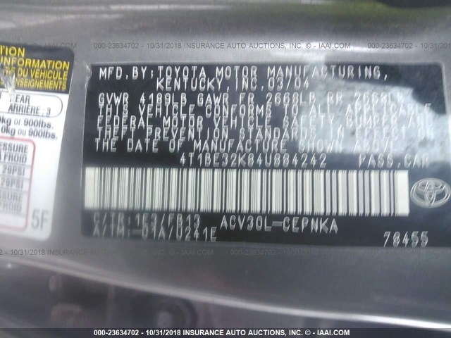 4T1BE32K84U884242 - 2004 TOYOTA CAMRY LE/XLE/SE GRAY photo 9