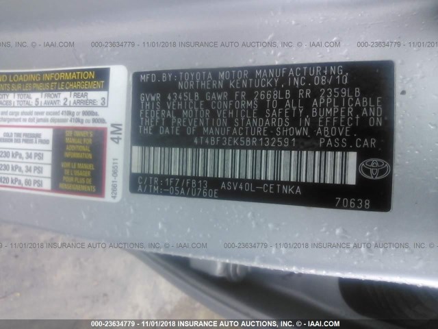 4T4BF3EK5BR132591 - 2011 TOYOTA CAMRY SE/LE/XLE SILVER photo 9