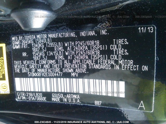 5TDKKRFH2ES004477 - 2014 TOYOTA HIGHLANDER XLE შავი ფოტო 9