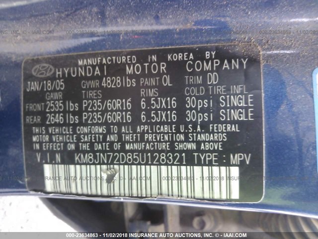 KM8JN72D85U128321 - 2005 HYUNDAI TUCSON GLS/LX BLUE photo 9