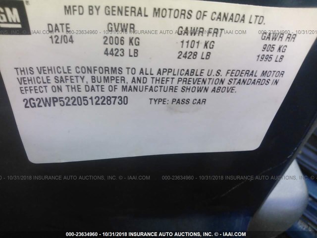 2G2WP522051228730 - 2005 PONTIAC GRAND PRIX BLUE photo 9