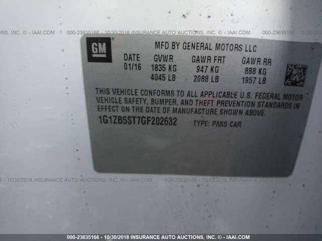 1G1ZB5ST7GF202632 - 2016 CHEVROLET MALIBU LS 白色 照片 9