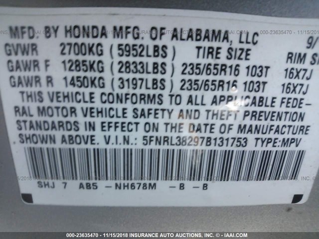 5FNRL38297B131753 - 2007 HONDA ODYSSEY LX SILVER photo 9