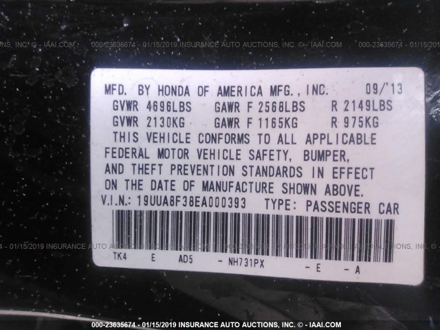 19UUA8F38EA000393 - 2014 ACURA TL SE BLACK photo 9